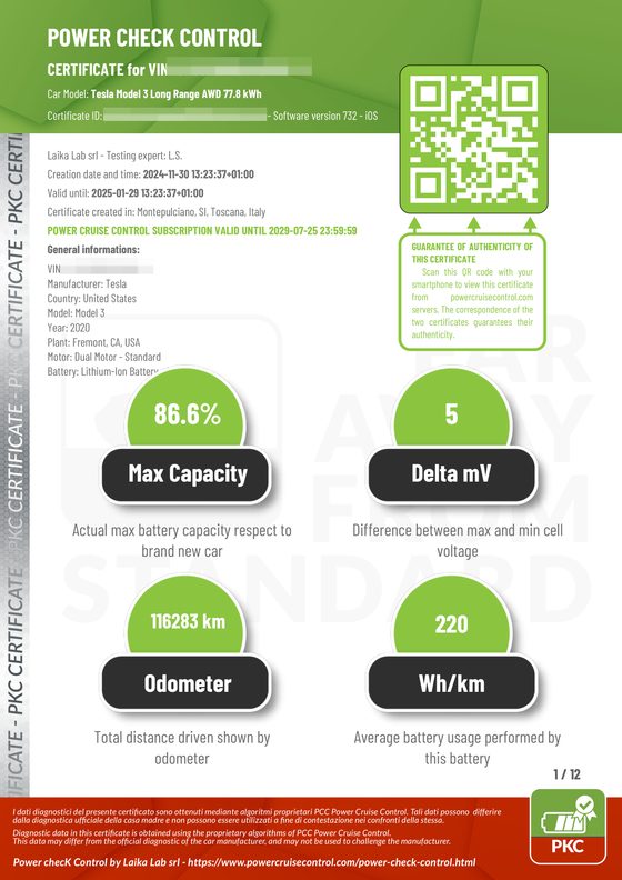 Primeira página de um certificado do Power checK Control, com QR Code e os indicadores da bateria.